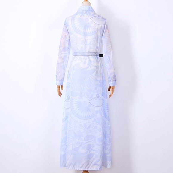 Blue and white dress with color maxi button down dress with optional belt - Picture 3 of 3